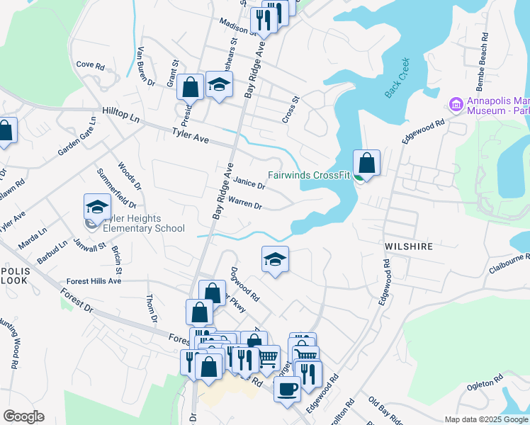 map of restaurants, bars, coffee shops, grocery stores, and more near 739 Warren Drive in Annapolis