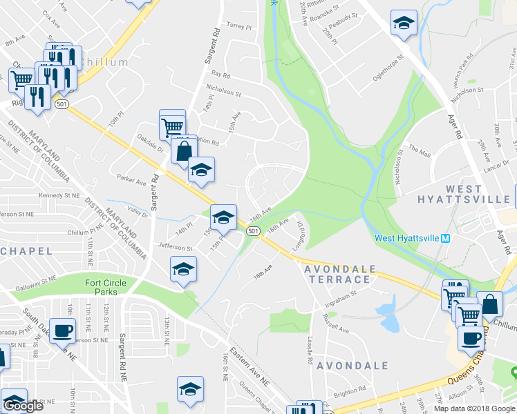 map of restaurants, bars, coffee shops, grocery stores, and more near 5603 Cypress Creek Drive in Hyattsville
