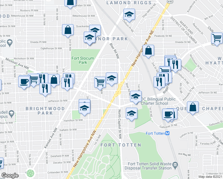 map of restaurants, bars, coffee shops, grocery stores, and more near 101 Independence Avenue Southeast in Washington