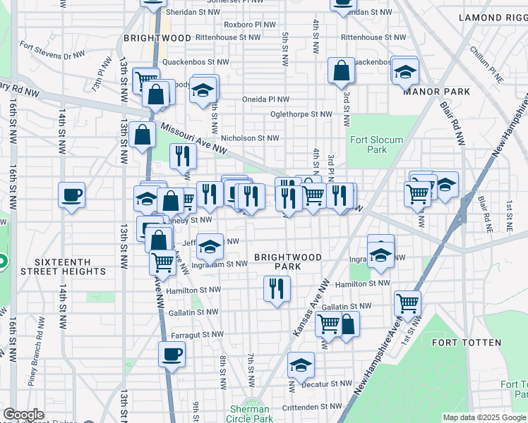 map of restaurants, bars, coffee shops, grocery stores, and more near 513-515 Kennedy Street Northwest in Washington