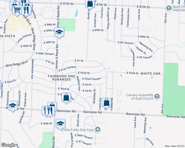 map of restaurants, bars, coffee shops, grocery stores, and more near 8605 East 92nd Street in Kansas City