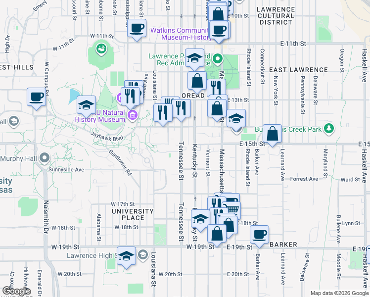 map of restaurants, bars, coffee shops, grocery stores, and more near 400-448 Gower Pl in Lawrence