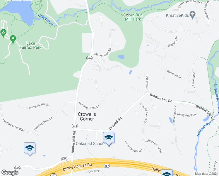 map of restaurants, bars, coffee shops, grocery stores, and more near 10504 Hunting Crest Lane in Vienna