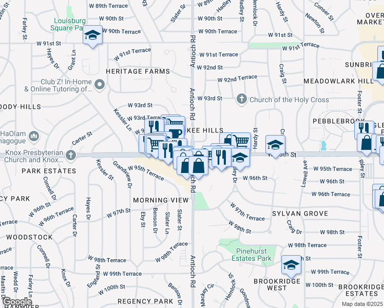 map of restaurants, bars, coffee shops, grocery stores, and more near Antioch Rd & W 95th St in Overland Park