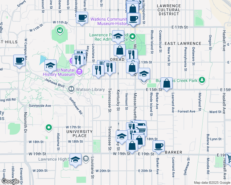 map of restaurants, bars, coffee shops, grocery stores, and more near 1505 Kentucky Street in Lawrence