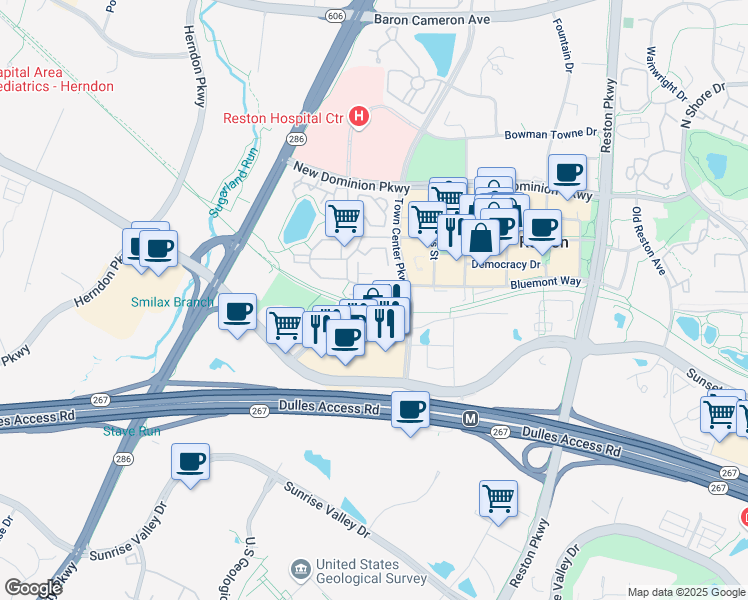 map of restaurants, bars, coffee shops, grocery stores, and more near 12097 Trumbull Way in Reston