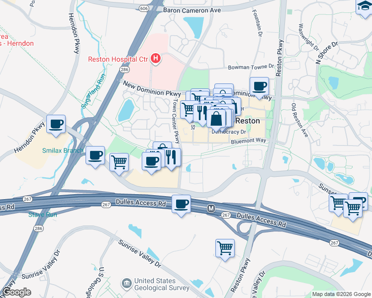 map of restaurants, bars, coffee shops, grocery stores, and more near 12061 Bluemont Way in Reston