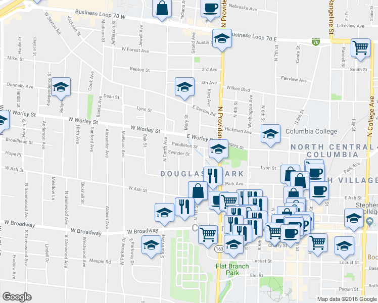 map of restaurants, bars, coffee shops, grocery stores, and more near 109 Switzler Street in Columbia