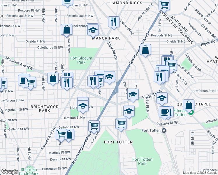 map of restaurants, bars, coffee shops, grocery stores, and more near 33 Kennedy Street Northwest in Washington