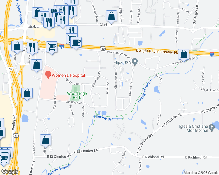 map of restaurants, bars, coffee shops, grocery stores, and more near 3901 Cedar Lane in Columbia