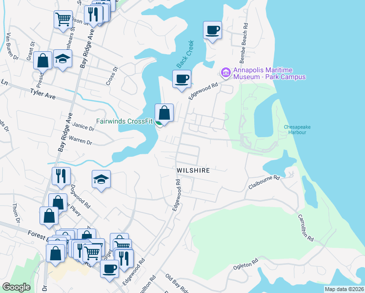 map of restaurants, bars, coffee shops, grocery stores, and more near 1000 Kensington Way in Annapolis