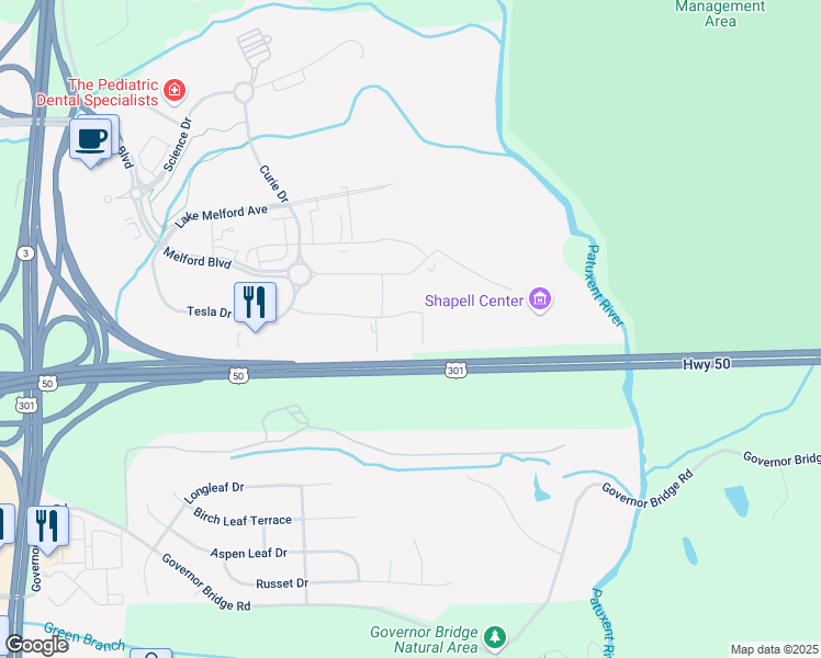 map of restaurants, bars, coffee shops, grocery stores, and more near 5081 Howerton Way in Bowie