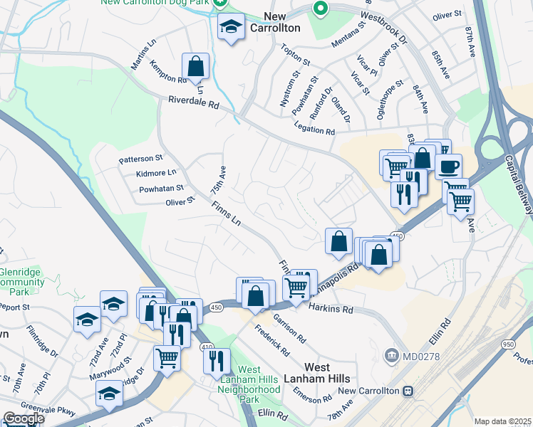 map of restaurants, bars, coffee shops, grocery stores, and more near 5532 Karen Elaine Drive in New Carrollton