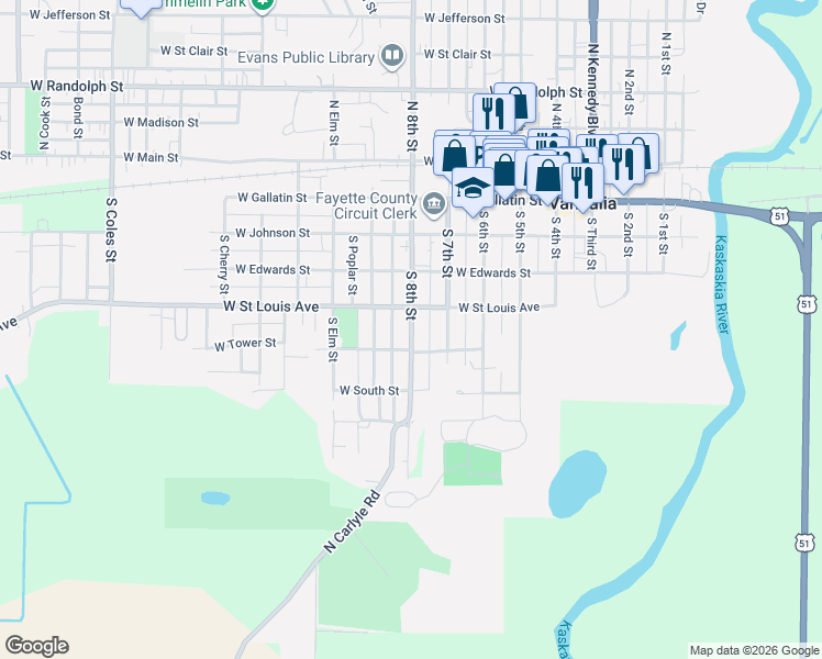 map of restaurants, bars, coffee shops, grocery stores, and more near 524 South 8th Street in Vandalia