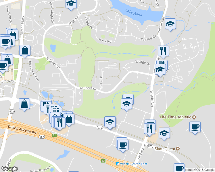 map of restaurants, bars, coffee shops, grocery stores, and more near 11565 Links Drive in Reston