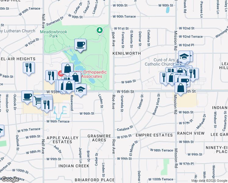 map of restaurants, bars, coffee shops, grocery stores, and more near W 95th St & Roe Ave in Overland Park