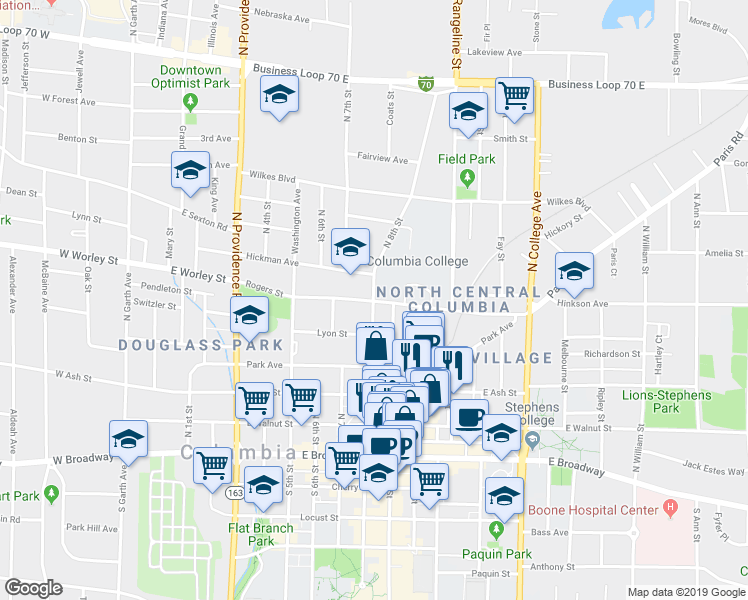 map of restaurants, bars, coffee shops, grocery stores, and more near 801 Rogers Street in Columbia