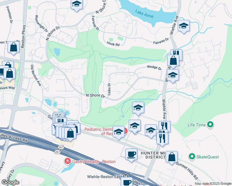 map of restaurants, bars, coffee shops, grocery stores, and more near 11565 Links Drive in Reston