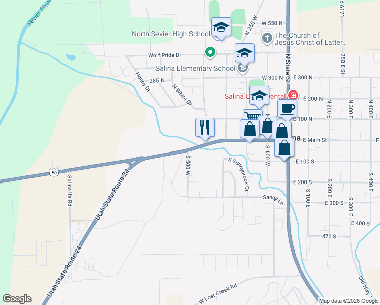 map of restaurants, bars, coffee shops, grocery stores, and more near 495 West Main Street in Salina