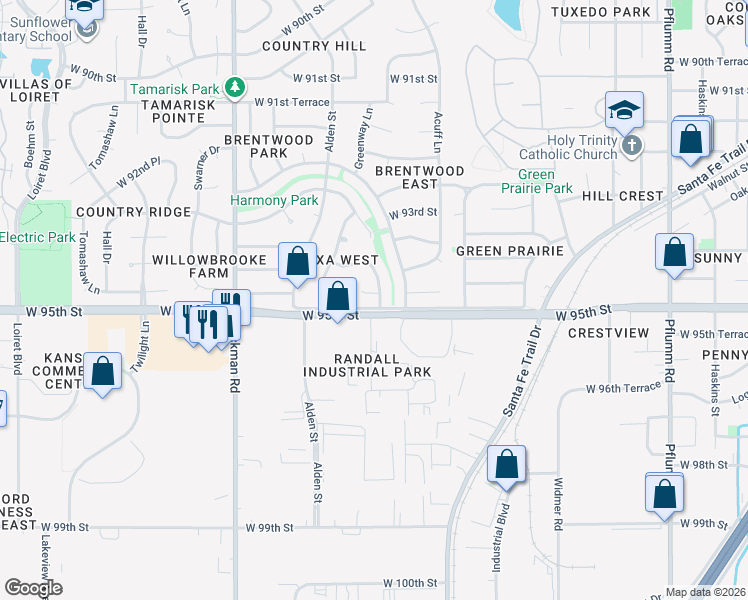 map of restaurants, bars, coffee shops, grocery stores, and more near 14509 West 94th Terrace in Lenexa