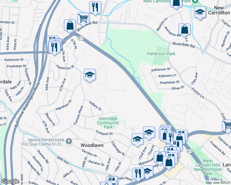 map of restaurants, bars, coffee shops, grocery stores, and more near 6515 Rosalie Lane in Woodlawn