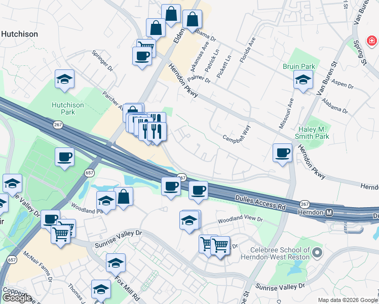map of restaurants, bars, coffee shops, grocery stores, and more near Wilkes Way in Herndon