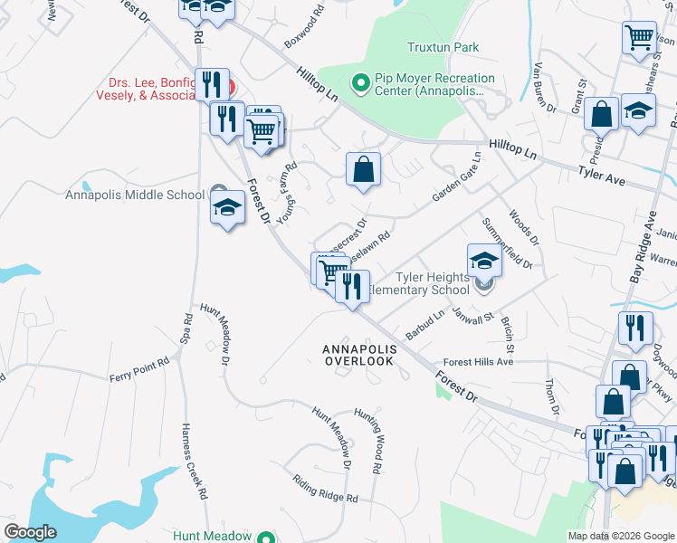 map of restaurants, bars, coffee shops, grocery stores, and more near 102 Roselawn Road in Annapolis