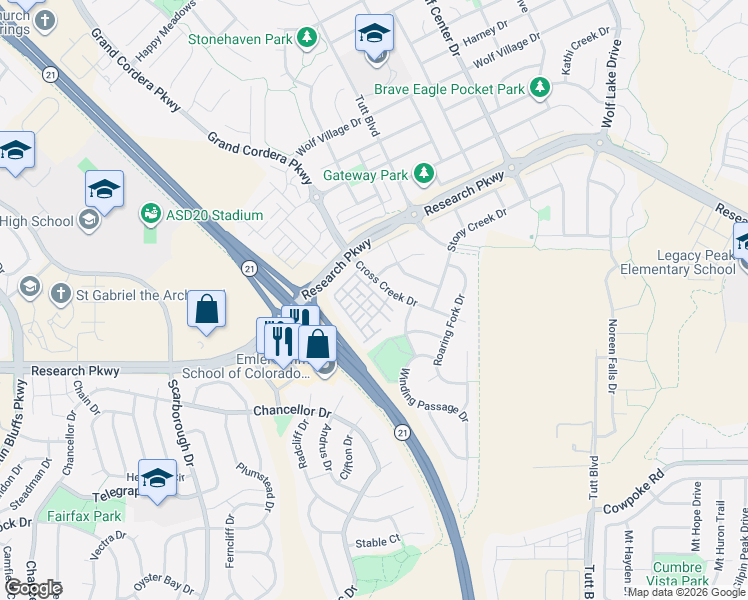 map of restaurants, bars, coffee shops, grocery stores, and more near 5450 Cushing Grove in Colorado Springs