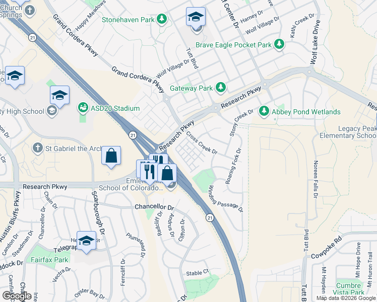 map of restaurants, bars, coffee shops, grocery stores, and more near 5450 Cushing Grove in Colorado Springs