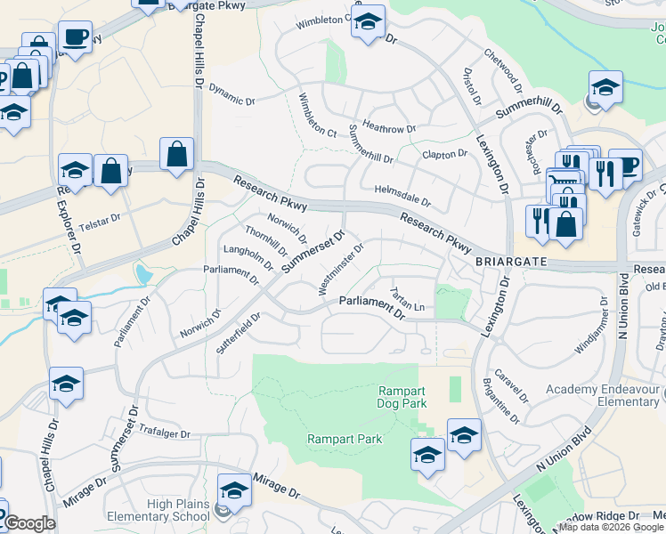 map of restaurants, bars, coffee shops, grocery stores, and more near 2710 Cornwall Court in Colorado Springs