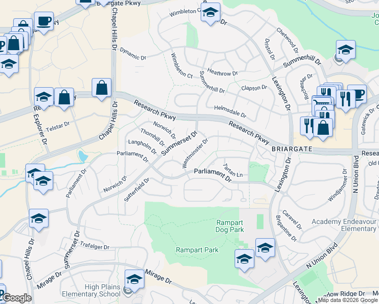 map of restaurants, bars, coffee shops, grocery stores, and more near 2710 Cornwall Court in Colorado Springs