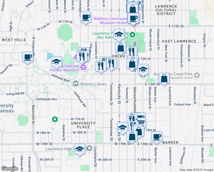 map of restaurants, bars, coffee shops, grocery stores, and more near 400-448 Gower Pl in Lawrence
