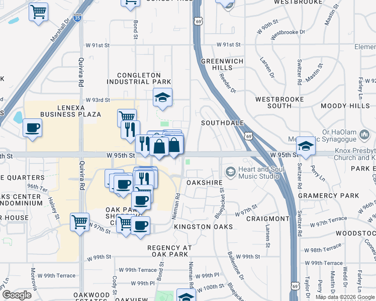 map of restaurants, bars, coffee shops, grocery stores, and more near in Overland Park