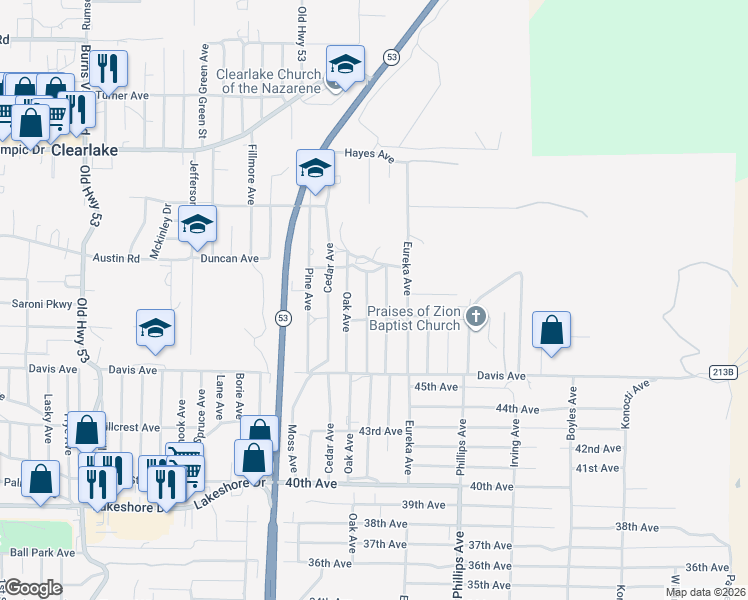 map of restaurants, bars, coffee shops, grocery stores, and more near 3832 Fir Avenue in Clearlake