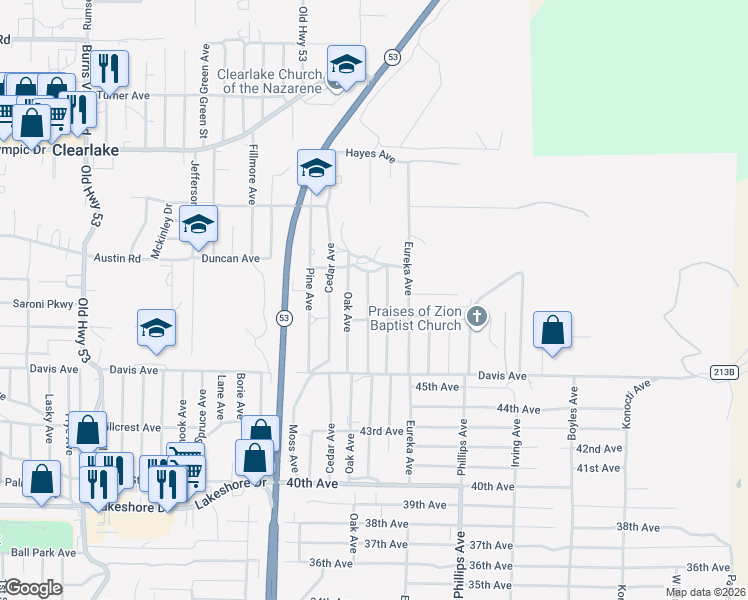 map of restaurants, bars, coffee shops, grocery stores, and more near 3854 Fir Avenue in Clearlake