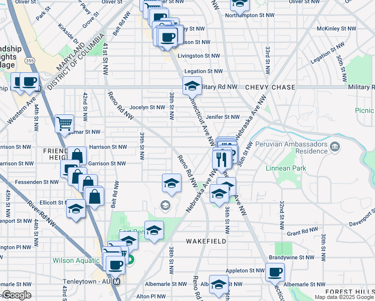 map of restaurants, bars, coffee shops, grocery stores, and more near 3718 Harrison Street Northwest in Washington