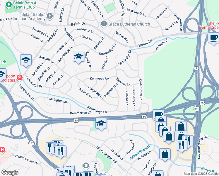 map of restaurants, bars, coffee shops, grocery stores, and more near 2410 Kegwood Lane in Bowie
