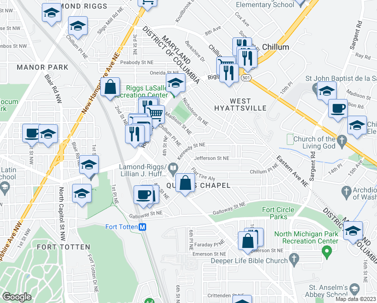 map of restaurants, bars, coffee shops, grocery stores, and more near 5417 Chillum Place Northeast in Washington