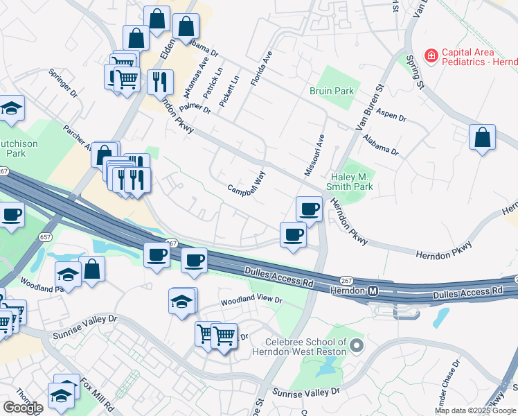 map of restaurants, bars, coffee shops, grocery stores, and more near 657 Eric Court in Herndon