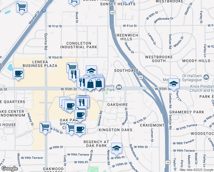 map of restaurants, bars, coffee shops, grocery stores, and more near 9441 Nieman Road in Overland Park