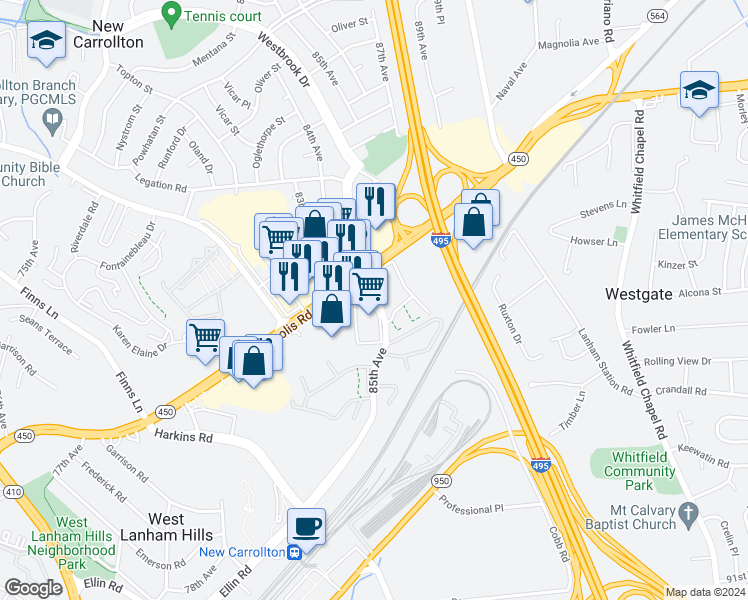 map of restaurants, bars, coffee shops, grocery stores, and more near 5420 85th Avenue in Hyattsville