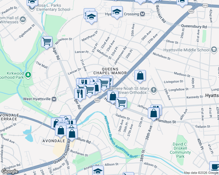 map of restaurants, bars, coffee shops, grocery stores, and more near 101 Independence Avenue Southeast in Washington