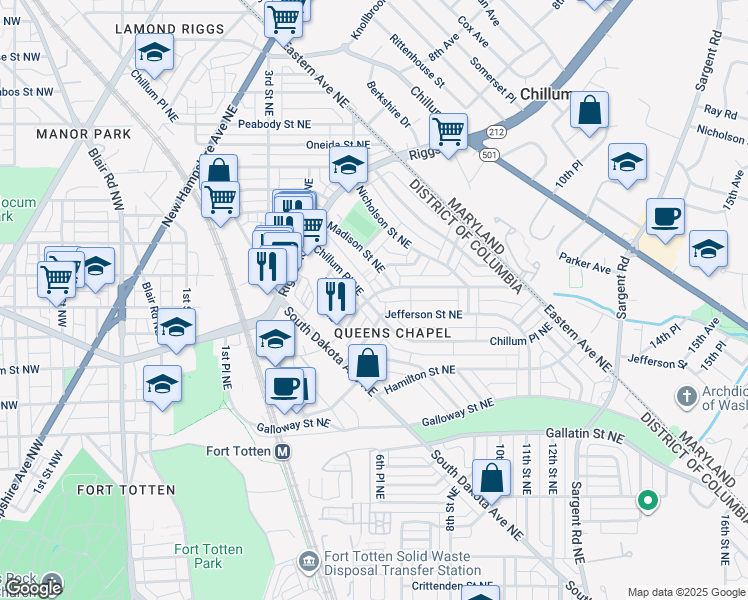map of restaurants, bars, coffee shops, grocery stores, and more near 5417 Chillum Place Northeast in Washington