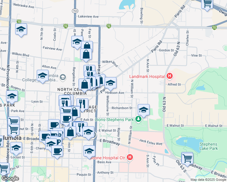 map of restaurants, bars, coffee shops, grocery stores, and more near 1409 Hinkson Avenue in Columbia