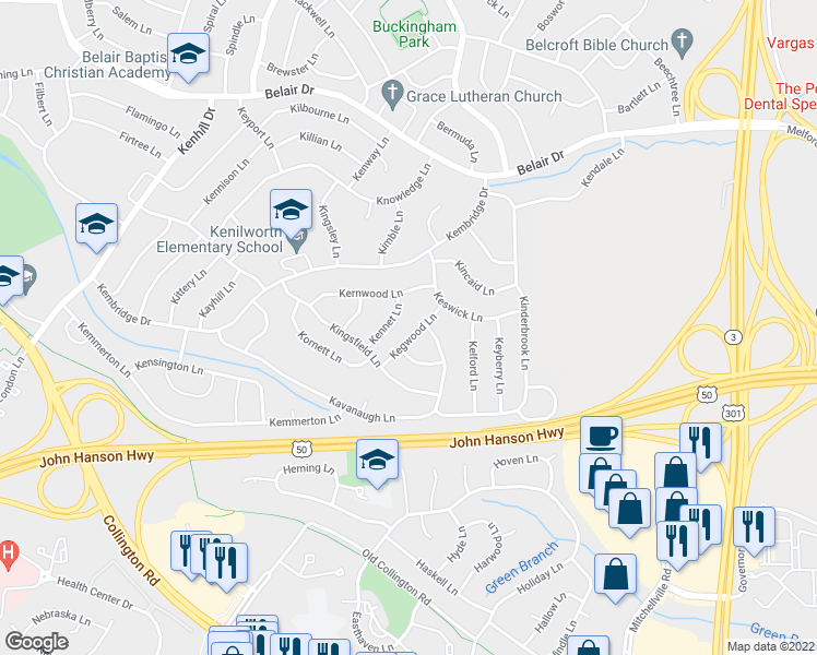 map of restaurants, bars, coffee shops, grocery stores, and more near 2410 Kegwood Lane in Bowie