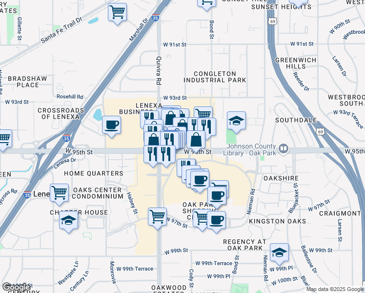map of restaurants, bars, coffee shops, grocery stores, and more near 11788 West 95th Street in Overland Park