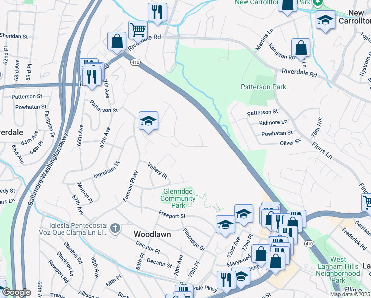 map of restaurants, bars, coffee shops, grocery stores, and more near 6511 Rosalie Lane in Woodlawn
