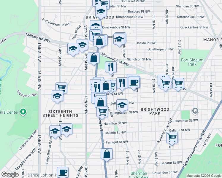 map of restaurants, bars, coffee shops, grocery stores, and more near 5522 9th Street Northwest in Washington