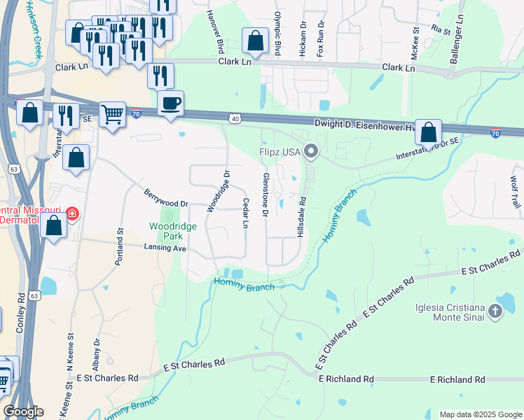 map of restaurants, bars, coffee shops, grocery stores, and more near 517 Glenstone Drive in Columbia