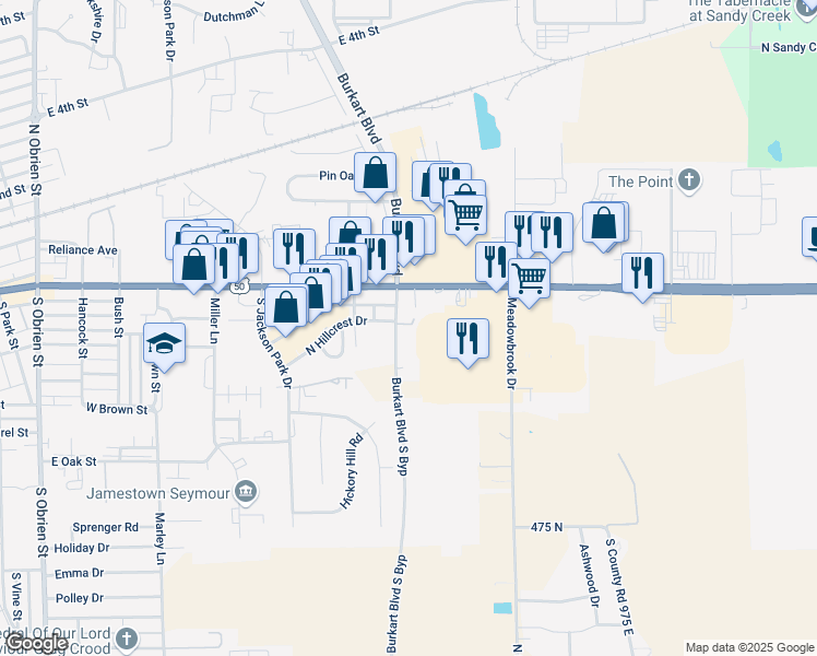 map of restaurants, bars, coffee shops, grocery stores, and more near 511 South 4th Street Road in Seymour